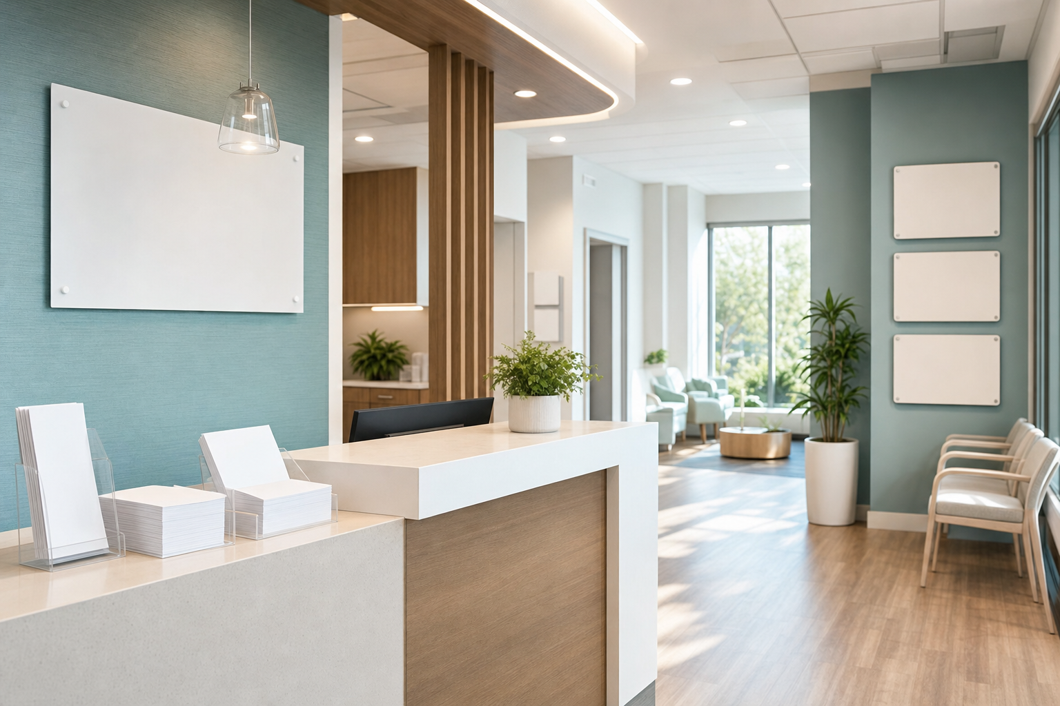 A bright, modern clinic reception with clean printed materials and wayfinding