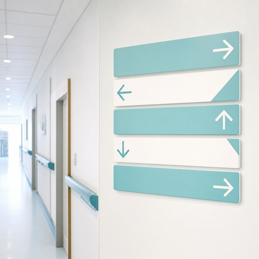 Clean modern wayfinding signage in a bright hospital corridor