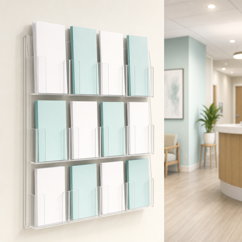Bilingual patient education brochures in a clinic rack