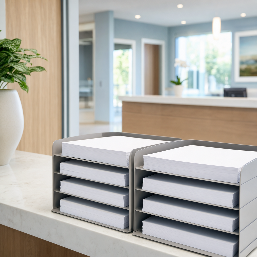 Neatly stacked blank clinical forms at a clinic desk